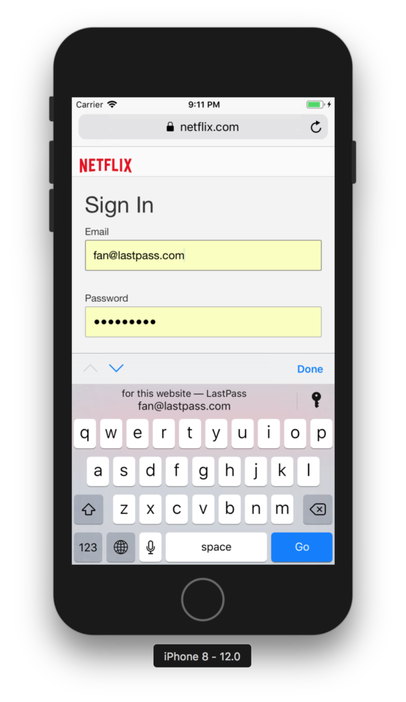 Screenshot of iPhone with LastPass autofill
